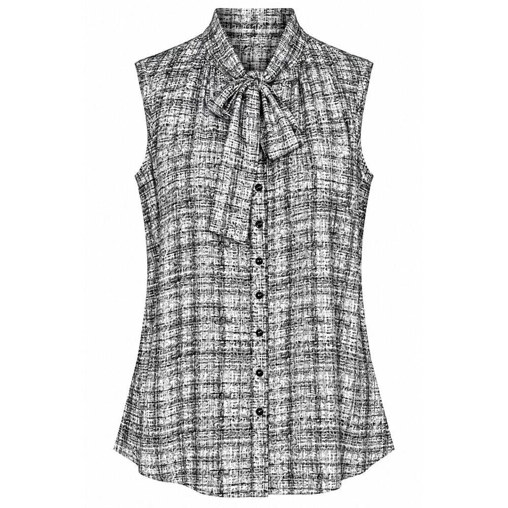 Tahari Black White Abstract Print Tie Neck Button Down Blouse Career Top large